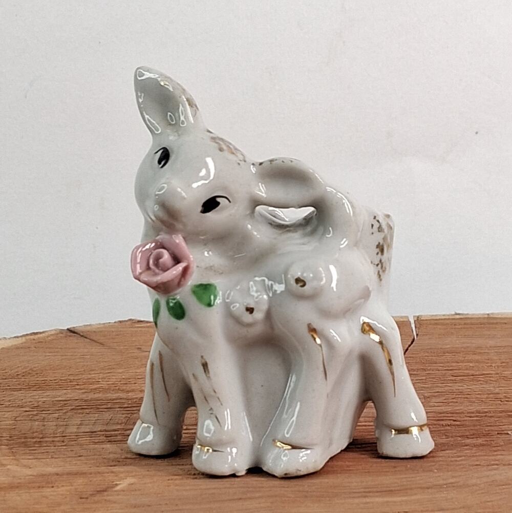 Vintage Japan Deer Toothpick Holder Pink Flower Gold Accents.